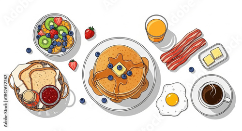 Delicious Breakfast Spread with Pancakes, Eggs, Bacon, and Fruit.