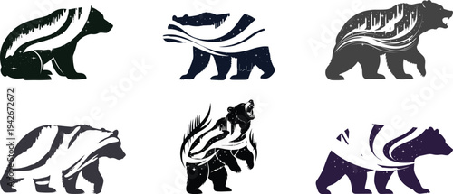 Abstract bear silhouettes set, artistic wildlife bear vector illustration collection