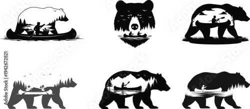 Bear canoeing wilderness silhouettes, outdoor adventure wildlife vector set