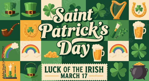 Saint Patrick's Day celebration set with beer, hat, clover, rainbow, and Irish symbols isolated on transparent background