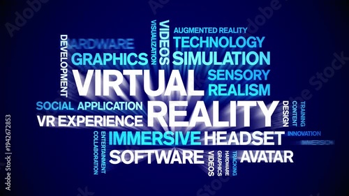 Virtual Reality animated word cloud-text design animation tag kinetic typography seamless loop.