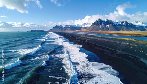 Aerial view of a black sand beach, ocean waves, and mountain range