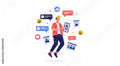 Dynamic illustration of a young man interacting with a smartphone, surrounded by social media elements and digital communication.