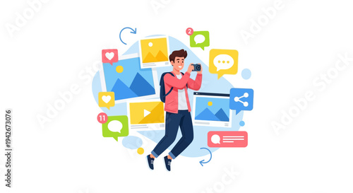 Young Content Creator Capturing and Sharing Digital Media on Social Platforms with Camera, Surrounded by Interactive Elements