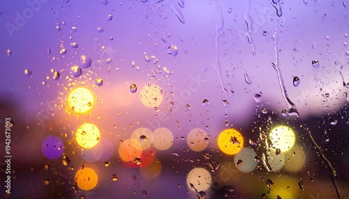 Raindrops on glass obscure bokeh lights. Purple and orange hues