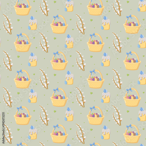 Seamless Easter pattern with baskets of eggs, decorated cakes, pussy willow branches, and green hearts on pastel background, festive design for wrapping paper and seasonal decor