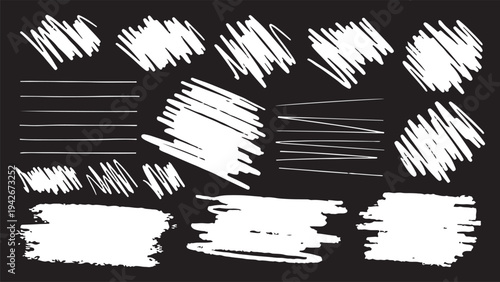 A collection of hand-drawn white vector elements featuring rough scribbles, textured hatching, and thick crayon-style strokes on a dark background. 