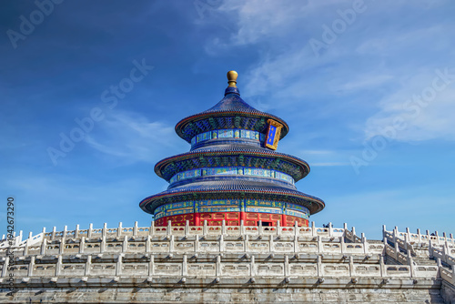 A stunning side view of the Temple of Heaven in Beijing, showcasing traditional Chinese architecture under clear skies, a symbol of cultural heritage and history.