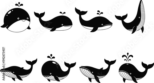 Cute whale vector illustration set, black silhouette blue whale icons with water spouts, ocean animal mascots isolated on white background.