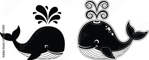 Cute whale vector illustration set, black silhouette blue whale icons with water spouts, ocean animal mascots isolated on white background.