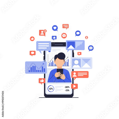 Digital user engaging with social media on smartphone, analyzing online data and communication metrics in a modern flat illustration.