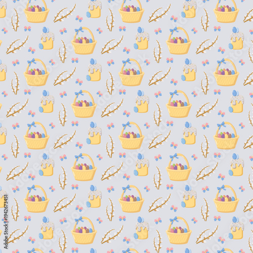 Seamless Easter pattern with baskets of eggs, decorated cakes, pussy willow branches, and pink and blue flowers on pastel background, festive design for wrapping paper and seasonal decor