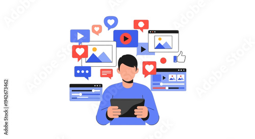 Digital creator managing and sharing multimedia content across social media platforms, engaging virtual audiences with online tools.
