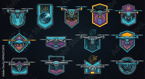 Collection of futuristic banners and emblems with intricate designs and neon accents.