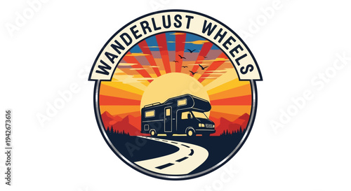 Vintage style emblem with RV, sunset, mountains, and winding road for road trip adventure. Motorhome travel badge design.