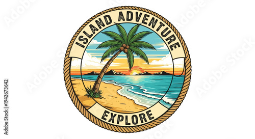 Vintage Tropical Island Adventure Explore Badge Logo. Hand-drawn illustration of beach, palm tree, ocean, and sunset.