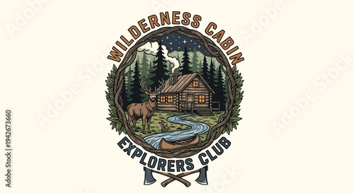 Vintage wilderness cabin explorers club emblem design with rustic lodge, deer, canoe, forest, and crossed axes, vector illustration.