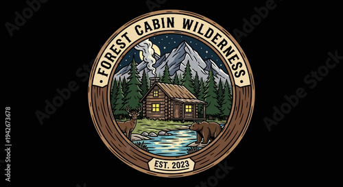 Rustic forest cabin wilderness badge with mountains, pine trees, bears, and a starry night sky. Outdoor adventure vintage emblem.