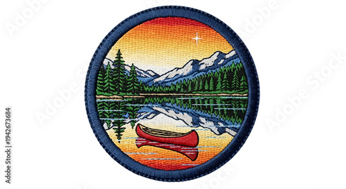 Circular embroidered patch depicting a peaceful lake and mountain landscape with a red canoe, pine forest, and vibrant sunset reflection