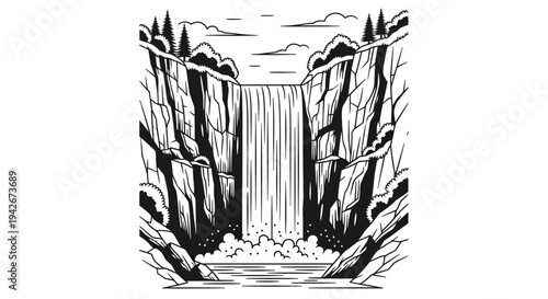 Majestic Waterfall Illustration in Black and White, Powerful Cascade in Rocky Canyon Nature Landscape