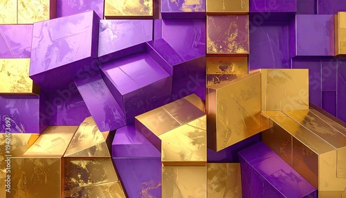 Geometric golden and purple abstract art with cube-like structures