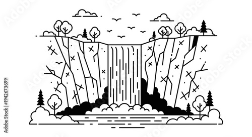 Minimalist line art illustration of a majestic waterfall cascading down a cliff into a river, with trees, clouds, and birds.