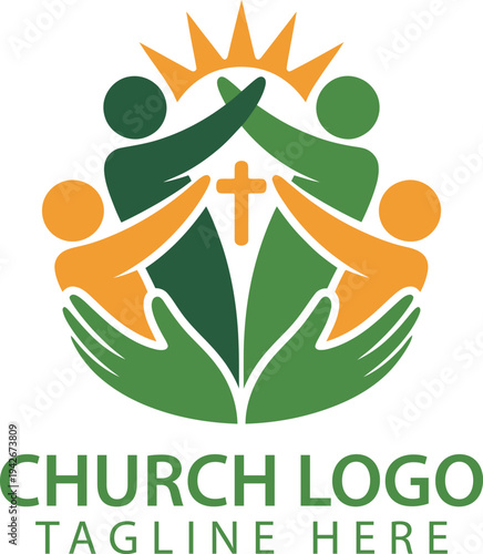 Christian church logo with people hands and cross symbol, religious community icon
