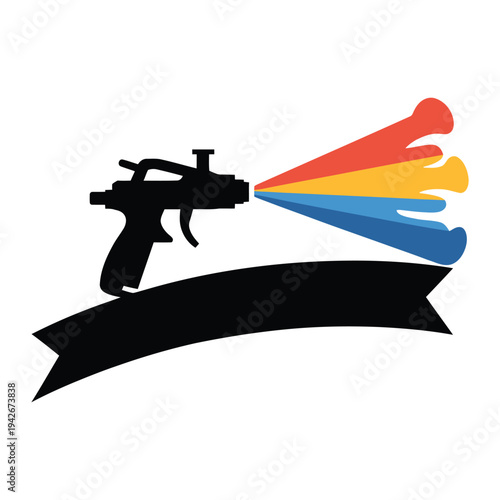 Colorful paint sprayer creating vibrant artistic patterns against a banner backdrop