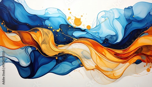 Abstract flowing waves of blue, orange, and gold against a white backdrop