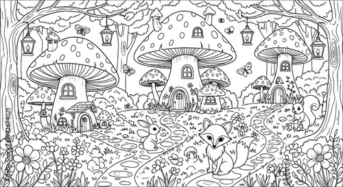 Whimsical fantasy village with mushrooms and lanterns