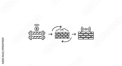 Network security firewall concept illustration with signal waves.