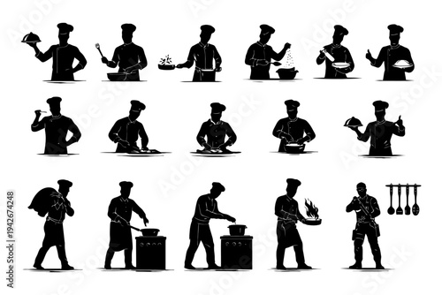 Silhouette chefs cooking on white background - diverse culinary activities display.
