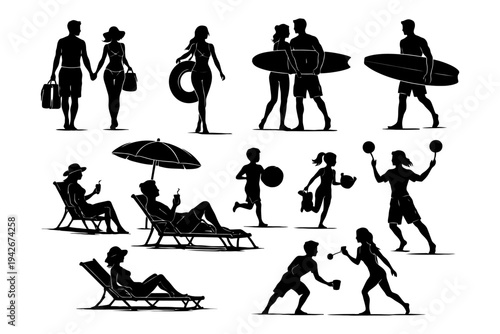 Silhouettes of people enjoying beach activities.