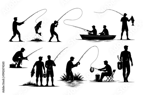 Silhouettes of men fishing: diverse activities and catch.