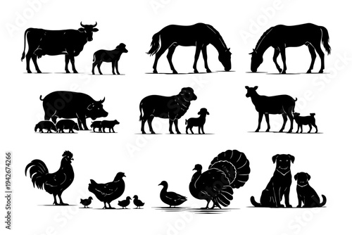 Silhouettes of farm animals: cows, horses, pigs, goats, poultry, dogs.