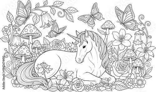 Whimsical unicorn in enchanted forest with butterflies and mushrooms