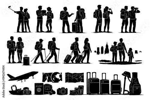 Diverse silhouettes of travelers with luggage and scenic background elements.