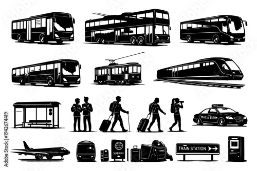 Silhouettes of public transportation and travelers.