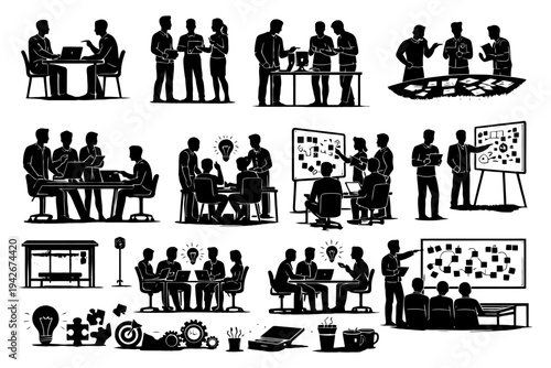 Silhouettes collaborating in office and outdoor team meetings.