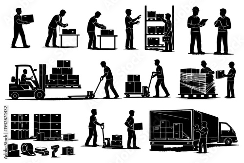 Silhouettes of warehouse workers engaged in shipping and inventory tasks.