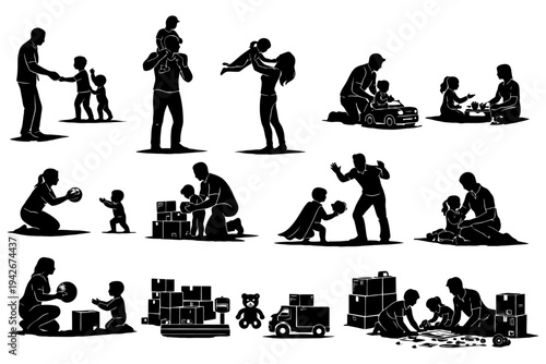 Silhouette family activities: playful interactions and bonding moments with children.