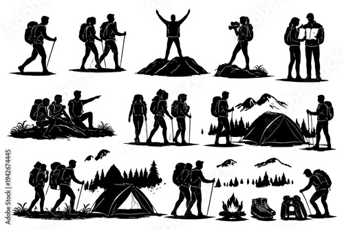 Silhouette of hikers and campers engaging in outdoor activities and adventure.