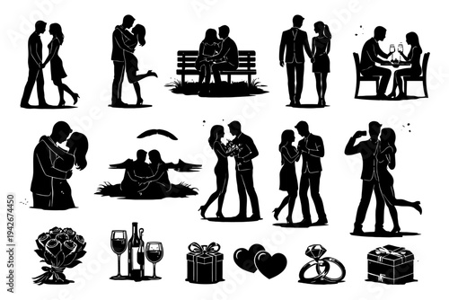 Silhouette collection of romantic couples in various romantic settings.