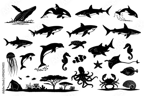 Collection of marine life silhouettes: sharks, whales, dolphins, turtles, jellyfish, seahorses.