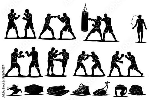 Silhouette boxing and kickboxing training with equipment on white background.