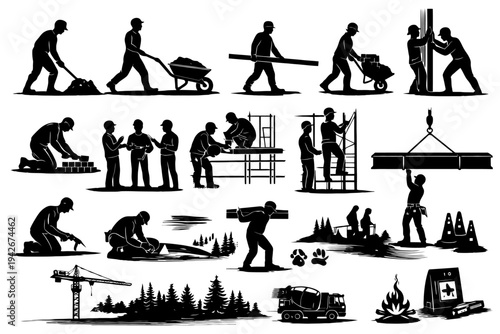 Silhouettes of diverse construction workers engaged in various tasks.