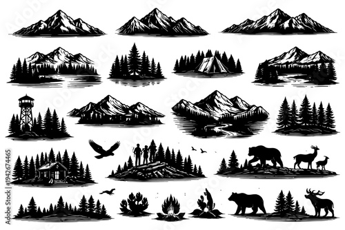 Vector silhouettes of mountain landscapes with wildlife and forest elements.