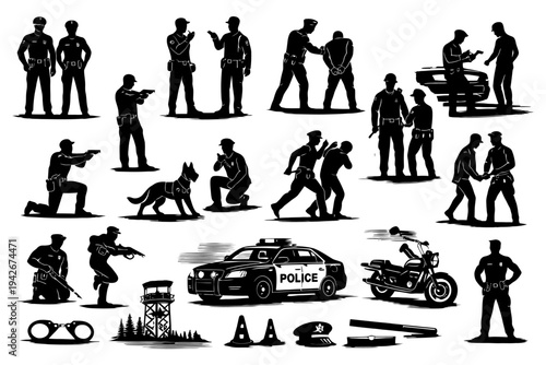 Police officers in various actions and equipment silhouette collection.