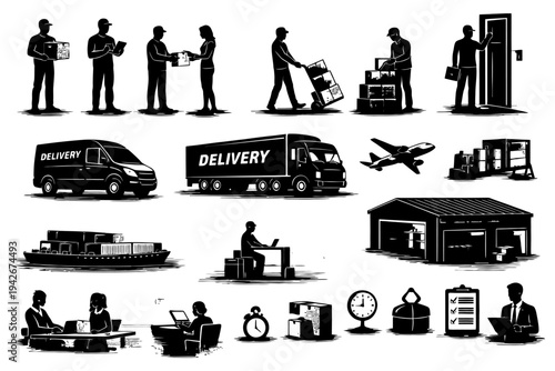 Black and white delivery process with vehicles and workers.