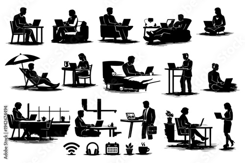 Silhouettes of diverse work from home scenarios with laptops and relaxed postures.